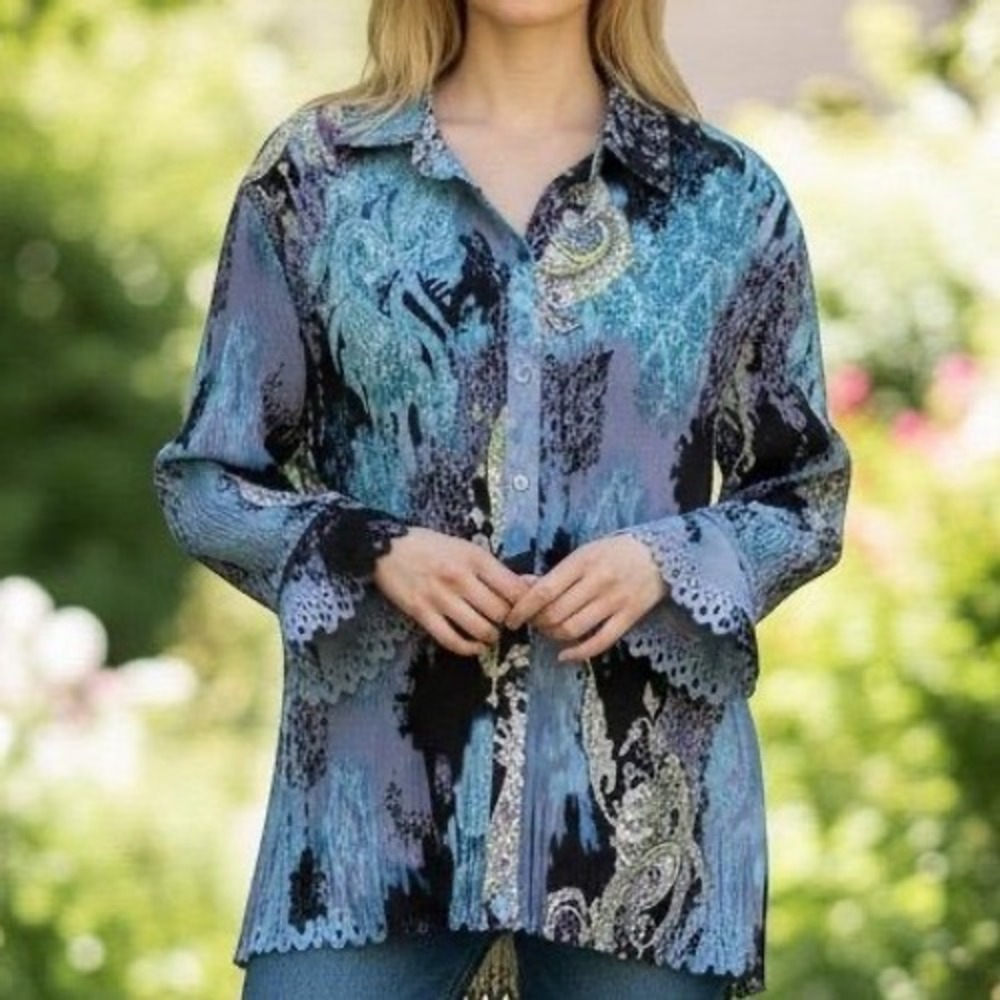 Dressbarn Paisley Plissé Button Down Shirt Womens 18/20W Blue Scalloped‎ Blouse